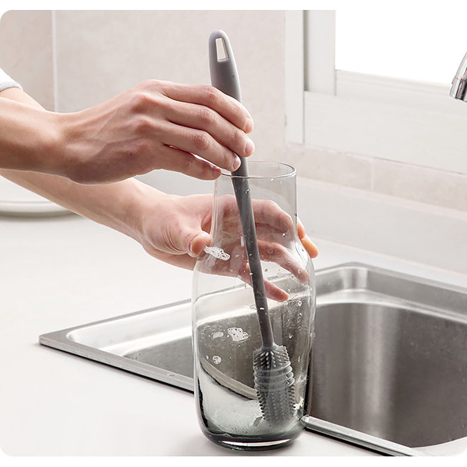 HCBY Long Handle Bottle Brush Cleaner for Baby Bottles, Silicone Stiff Bristle Cleaning Brush for Spout Cup Glass Teapot, Dish Washing Tool for Narrow Neck Bottles Kitchen Sink