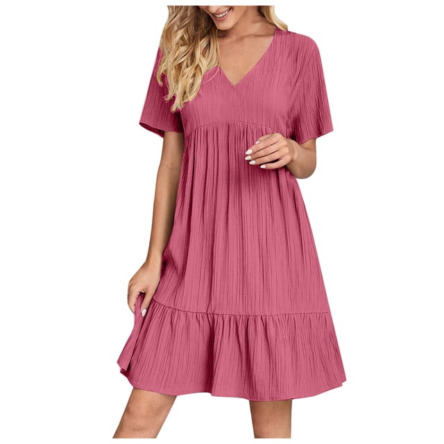 Robe à Volants à Étages pour Femmes Grande Taille, Été, Manches Courtes, Robe Babydoll Décontractée à Col en V, Robes pour Dames, Rose Vif, P