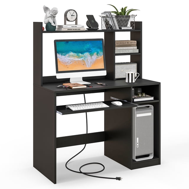 Patiojoy Computer Desk w/ Charging Station 43.5" Gaming Table Workstation w/ Keyboard Tray CPU Stand & Storage Shelves Black
