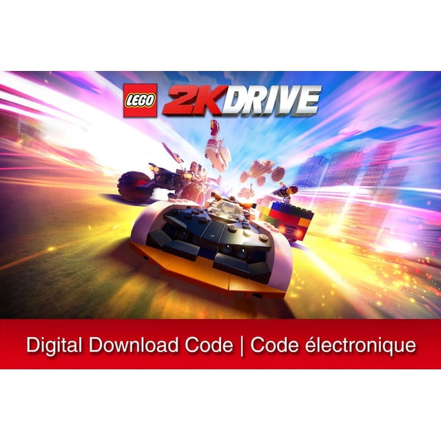 LEGO 2K Drive - Nintendo Switch digital code cover art showing a fast-paced open-world racing scene with LEGO vehicles including a black and orange sports car, off-road buggies, and a colorful blocky vehicle speeding through a vibrant cityscape with motion blur and light trails.