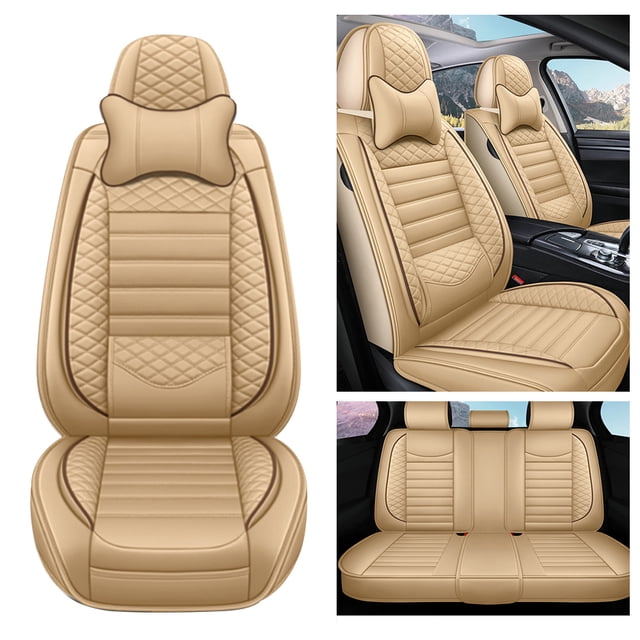 Maidao Car Seat Covers Leather Full Set for Infiniti for QX70 2003-2017 5 Seats Front Rear Cushion Protector with Headrest Beige
