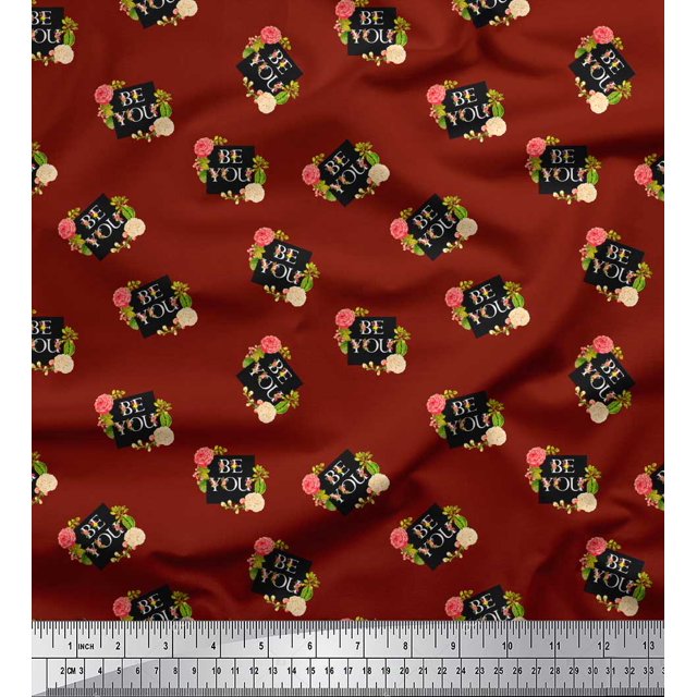 Soimoi Red polyester Crepe Fabric Floral & Be You Text Print Sewing Fabric BTY 42 Inch Wide