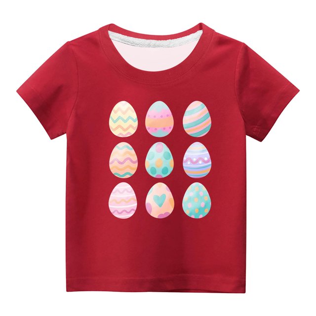 Penkiiy T-Shirts de Pâques pour Enfants Tout-Petits Garçons Filles Mode Pâques Oeufs de Pâques Imprimé Col Rond Imprimé Manche Courte Haut 13 Ans Rouge