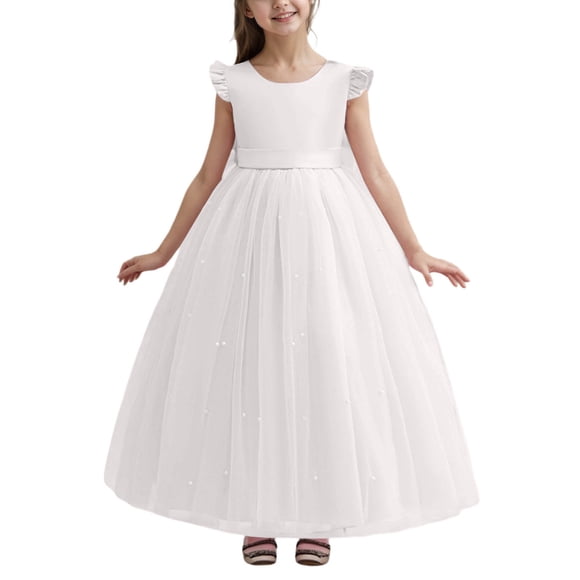 Wdgfv Flower Girl Dress Wedding Guest Ruffle Tulle Satin Party Birthday Princess Dresses Pageant Gown Kids Short White 8-9 Years