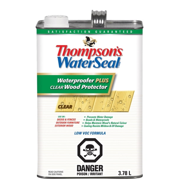 Waterproofer Plus Clear by Thompson's WaterSeal, a 3.78 L oil-based wood protector can with a white screw cap and metal handle, providing exterior wood protection for decks, fences, and outdoor furniture by preventing water damage, mildew, and UV damage while maintaining natural wood colour.