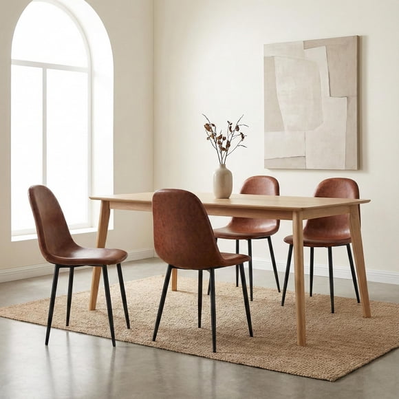 Set of 4 Vita Dining Chairs - Modern Brown Leather Accent Chair with Black Metal Legs - Elegant Upholstered Side Chair for Dining Room, Kitchen, or Living Room - Easy Assembly