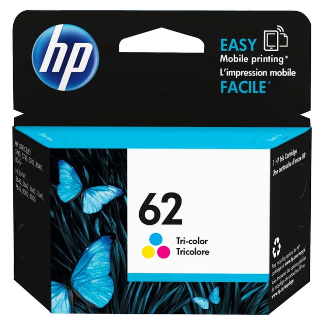 HP 62 Tri-colour Original Ink Cartridge packaging in a black box with blue butterfly graphics and HP logo, promoting easy mobile printing. Compatible with HP ENVY and OfficeJet printers, this tri-color ink cartridge supports up to 165 pages per cartridge for consistent, vibrant prints.