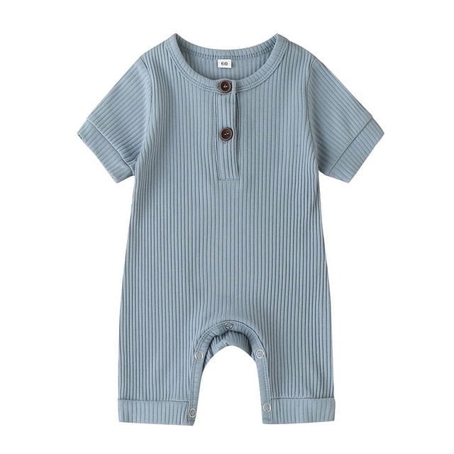Baby Girl Boy Solid Romper Short Sleeve Jumpsuit Button Cotton Clothing