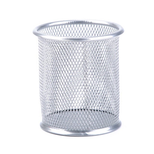 fastboy Mesh Metal Pen Holder Pot Smooth Edge Fashion Table Container Eraser Ruler Caddy Desk Stationery Holders Organizer Office Round/Silver