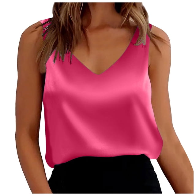 Women's Satin Tank Tops Loose Fit Sleeveless V Neck for Daily Wear