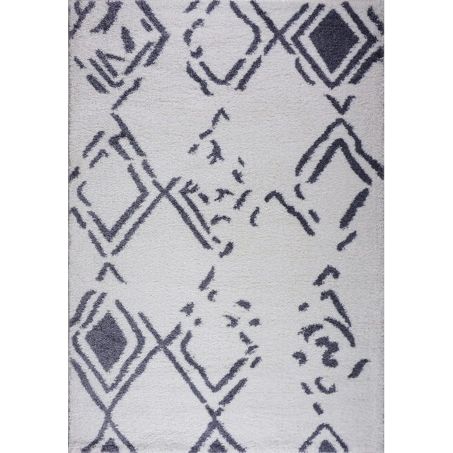 Ladole Rugs Shaggy Kenitra European Abstract Soft Polypropylene Modern Area Rug Carpet in White Light Gray, measuring 6'5" x 9'5". Features a plush, medium-low shag pile with a simple abstract pattern in light gray on a white background. Machine-woven from durable polypropylene with jute backing, suitable for living rooms, bedrooms, kids' rooms, dining rooms, or home offices.