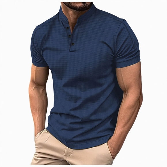 Ymyiu Mens Polo Shirt Short Sleeve Knit Polo Shirts for Men Short Sleeve V Neck Polo Lightweight Summer Casual Textured Polo Shirts Size L(Navy, L)