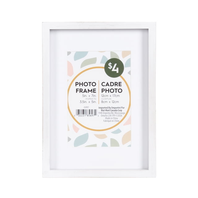 DesignOvation Gally 5x7 Matted to 3.5x5 White Picture Frame with a white finish and deep profile, holding a placeholder card with photo size details. Ready to hang horizontally or vertically with an attached easel for tabletop display, suitable for table picture frames and photo displays.