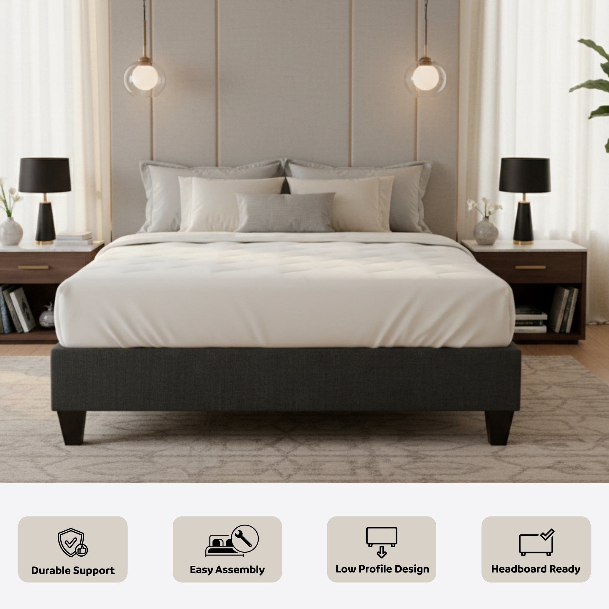 PRIMO Carter Upholstered Platform Bed Frame – Twin Size, Dark Grey Linen Look Fabric, No Box Spring Required, Durable Wood Slats – Bedroom Foundation