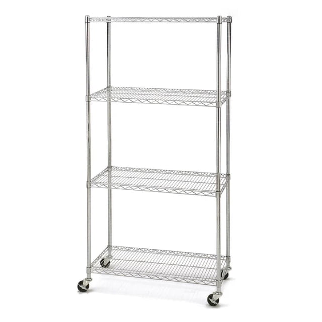 Seville Classics Étagères Commerciales à 4 Niveaux Homologuées NSF en chrome, 36 Pouces L x 18 Pouces P x 72 Pouces H, avec Tablettes en Fil d'Acier de Qualité Industrielle Ajustables par Incréments de 1 Pouce, Quatre Roulettes Incluant Deux Roues Verrouillables pour la Mobilité, Convenant au Rangement et à l'Organisation à la Maison, au garage Ou au Bureau.