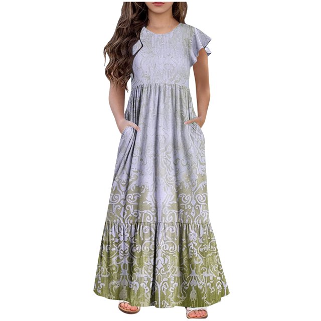 yoeyez Robes d'Été pour Filles Taille 6-12 Robe Maxi à Volants à Étages à Manches Volantées pour Fille Préadolescente Col Rond Mode Robe à Pois avec Poches Robe Mi-Longue Vert, 12 Ans