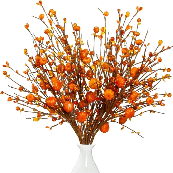 Tiges de Baies Artificielles d'Automne 6 Pcs Branches de Cure-Brises Tiges d'Orange d'Automne Arrangements Floraux avec Fausse Citrouille pour Décoration de Noël Intérieure Vase de Fête d'Automne Action de Grâce Récolte (Orange)