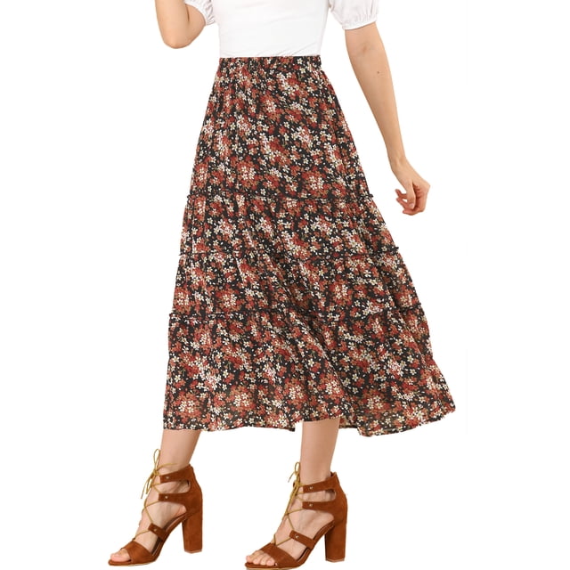 Unique Bargains Women's Floral Print Elastic Waist Ruffle Maxi Tiered Skirt