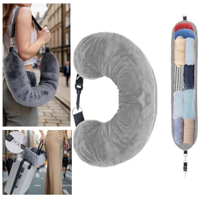 XYAIYT Sac de Rangement Multifonction pour Appuie-Tête de Voyage, Rembourrage, Oreiller de Cou en Forme de U, Housse en Velours Douce, Fermeture Éclair, Oreiller de Voyage Auto-Remplissant pour Avion, Road Trip, Camping et Fréquences 35,4 Pouces Gris