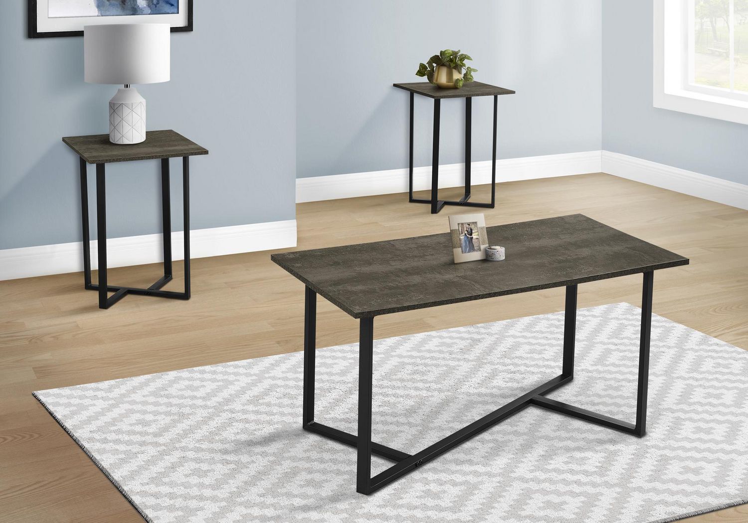 Monarch Specialties Table Set, 3pcs Set, Coffee, End, Living Room, Cream Stone Laminate, Black Metal, Contemporary, Modern