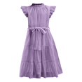 thumbnail image 5 of XIMIN Robe d'Été Décontractée Élégante à Col Rond pour Préadolescentes, Robe Quotidienne à Manches Courtes à Cap, Robe de Couleur Unie, Robe Formelle à Manches à Volants, Robes Trapèze avec Ceinture, Robe de Fête Évasée à Taille Haute, 5 of 5