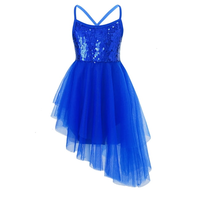 Manyakai Robe de Danse Ballet pour Filles, Dos Croisé à Sequins, Tutu en Tulle, Justaucorps, Danse Lyrique, Bleu Foncé L