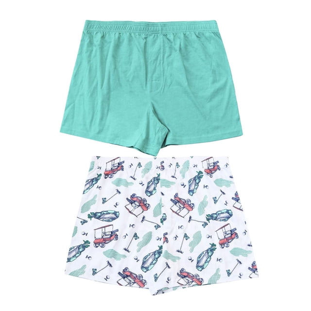 FOX & BADGER Short de Sommeil, Lot de 2, avec un Short de Sommeil pour Homme Uni Sarcelle et un Short Blanc avec des Imprimés de Voitures, Sacs, Drapeaux et Balles à Thème Golf, Conçus pour un Port Confortable à l'Heure du Coucher et Adaptés pour Se Détendre à la Maison.