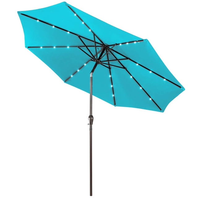 Gymax Parasol Solaire de Marché 10 Pi à DEL, Acier Inclinable avec Manivelle, Terrasse, Turquoise