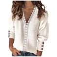 thumbnail image 1 of WUANDIXFA Women Fall Sweaters Women Solid Color V Neck Lace Stitching Buttons Long Sleeves Sweater White,L, 1 of 5