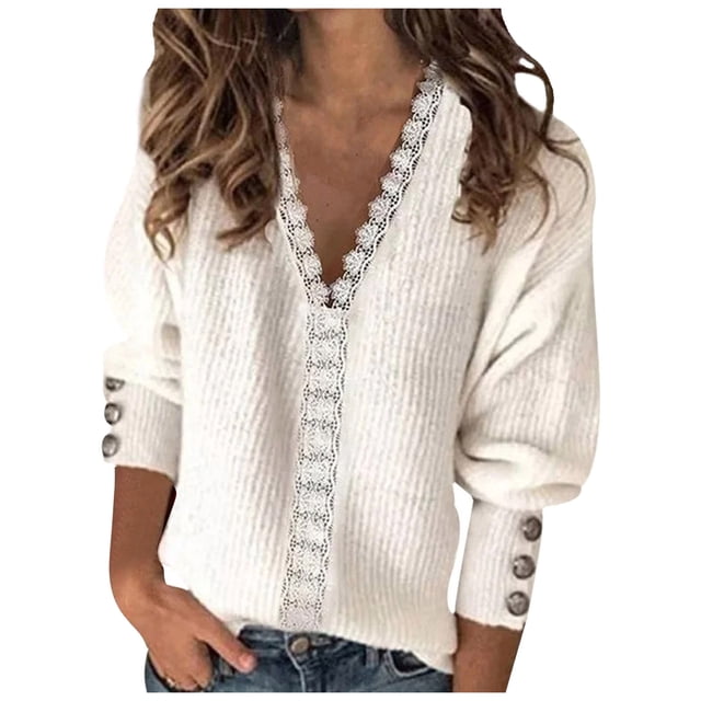 WUANDIXFA Women Fall Sweaters Women Solid Color V Neck Lace Stitching Buttons Long Sleeves Sweater White,L