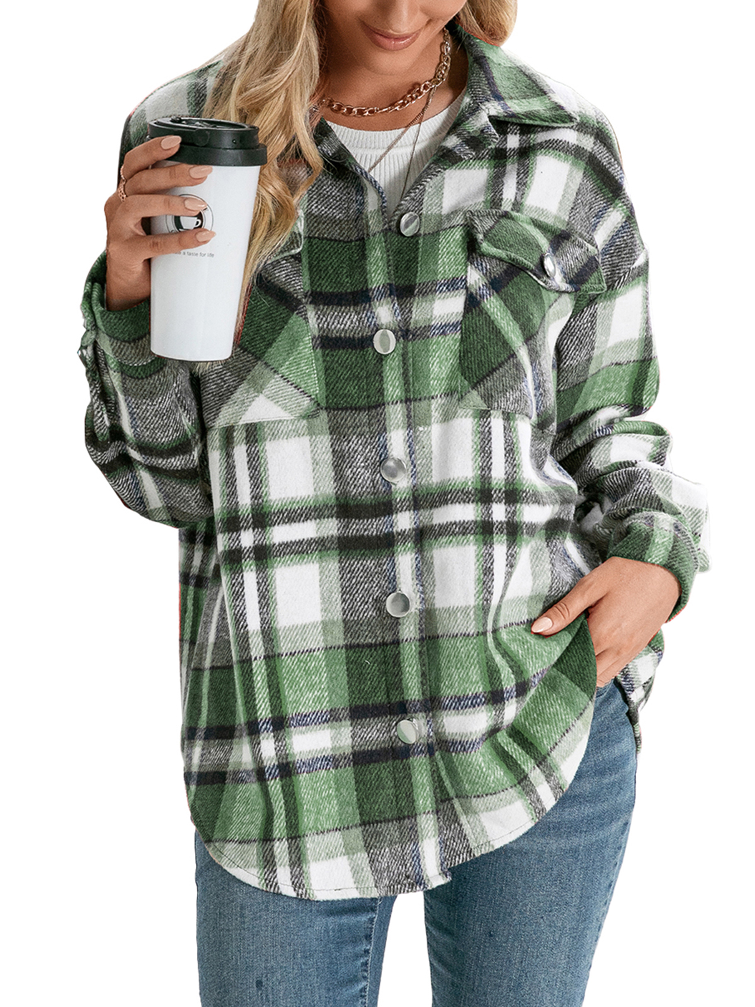 Women's Oversized Plaid Button Down Shirt Shacket Jacket Long Sleeve Casual Fall Outwear with Pockets