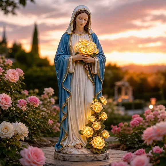 Mary Garden Light with Glowing Roses Religious Garden Statue Outdoor Decor for Patio Walkway Memorial Gift for Women Mom