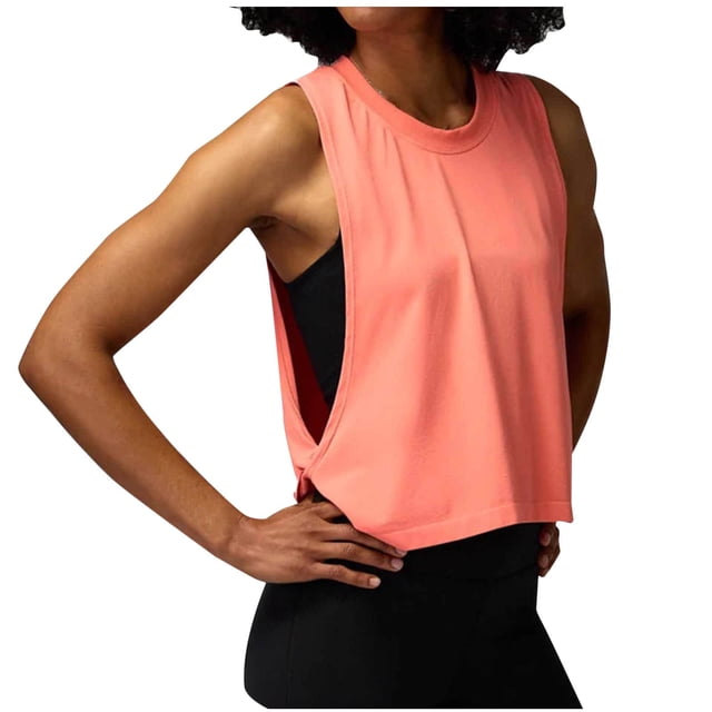 Timegard Womens Workout Tank Top Athletic Running Loose Cropped Top Tee Side Knot Solid Color Pullover