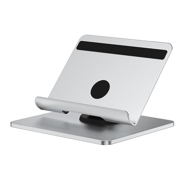 Support de Tablette Portable Support de Bureau avec angle et Hauteur Réglables, en Alliage d'Aluminium, silicone et ABS. le Support Argenté Présente une Conception à Double Axe Réglable à 360 Degrés pour une posture Personnalisable, une structure d'Arbre d'Amortissement stable, un port de Chargement Réservé et une base en silicone Antidérapante. Compact et Pliable pour une Portabilité Facile.