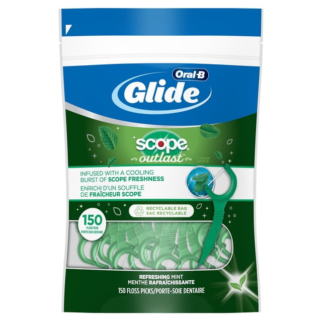 Oral-B Glide Complete with Scope Outlast Mint Flavour Floss Picks in a recyclable resealable bag containing 150 mint-flavored floss picks designed to slide easily between teeth for plaque and food particle removal, featuring shred-resistant floss and a textured flexible pick end.