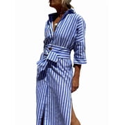 Women'S Shirt Dress Casual Lapel 3/4 Sleeve Button-Down Collar Slit Tie Resort Maxi Dress Blue S