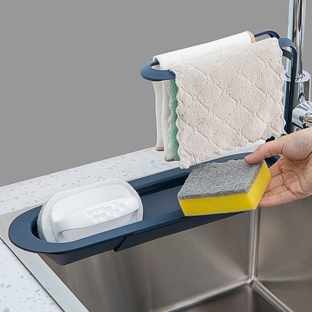 Oleegame 1PC Shower Soap Dish With Hook Adjustable To Fit Any Size Of Sinks Large Capacity StorageTelescopic Sink Storage Rack Blue