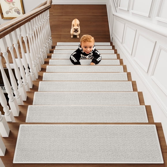 Hxlamzoo 4-Pack Flax Non-Slip Stair Treads with Rubber Backing | Self-Adhesive, Washable Stair Mats for Wooden Steps | Pet & Kid-Friendly, 8x30 Inch