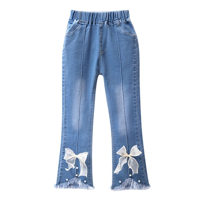 QIPOPIQ Girls Elastic Waist Slim Jeans,Ripped Fashion Simple Denim Pants 2-13 Years Clearance