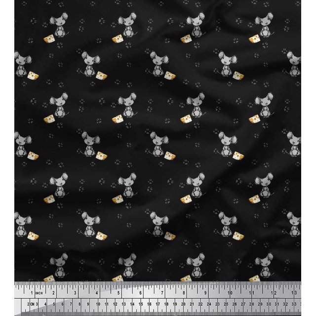 Soimoi Polyester Crepe Fabric Footprint,Cheese & Rat Kids Decor Fabric Printed Yard 42 Inch Wide