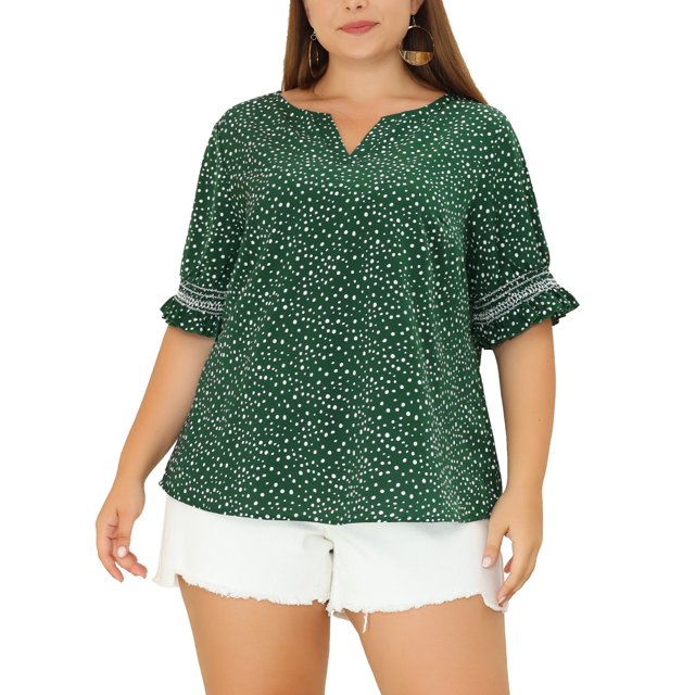 Agnes Orinda Women's Plus Size Blouses Pin Dots V Neck Ruffle Short Sleeve Spring Summer Boho Tops 1X Green