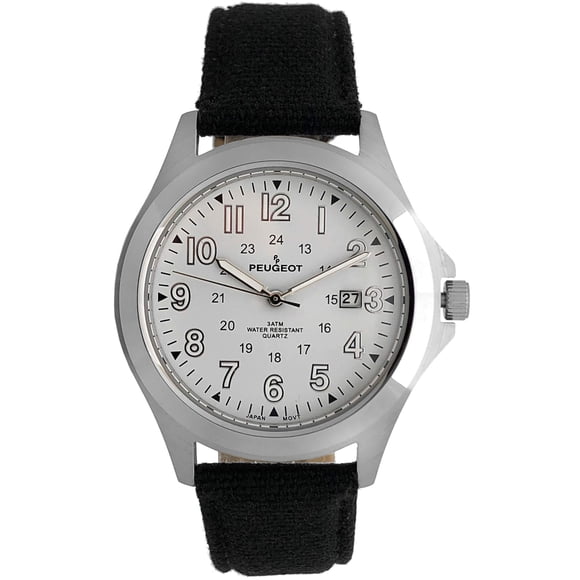 Peugeot Men Army Military Style Quartz Weekender Watch with 24-Hour Time & Black Strap Band