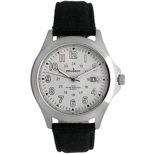 Peugeot Men Army Military Style Quartz Weekender Watch with 24-Hour Time & Black Strap Band