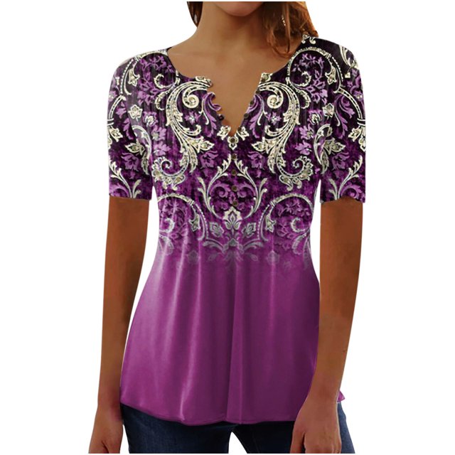 CEHVOM Mode Femme Décontractée Imprimé Col Rond Ample Manches Courtes T-shirt Haut Blouse Chandail Liquidation