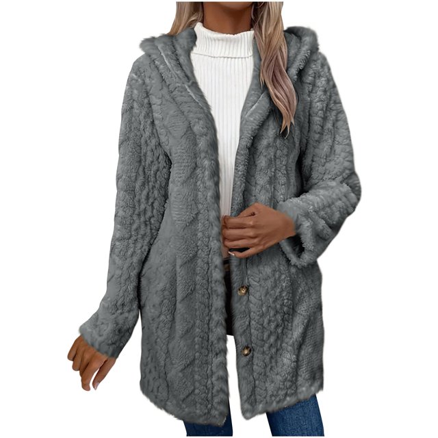 KIHOUT Womens Winter Long Sleeve Solid Fuzzy Fleece Open Front Button Hooded Cardigans Jacket Coats Outerwear