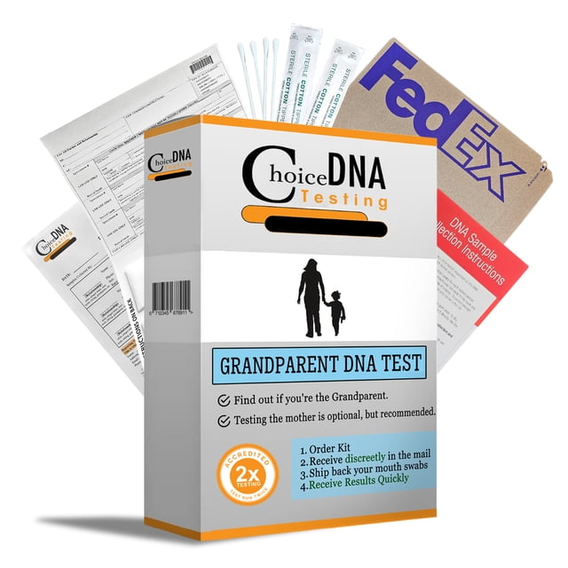Trousse de Test des Grands-Parents DNA à Rabais pour la Maison par Choice DNA Testing, Idéale pour les Tests Diagnostiques à Domicile d'Un Grand-Parent et d'Un Enfant. Comprend des Cotons-Tiges Stériles, des instructions de Collecte d'Échantillons DNA et une Étiquette d'Expédition FedEx pour la Soumission Discrète d'Échantillons. les Résultats Sont Analysés Deux Fois et Livrés dans un Délai de 3-5 Jours Ouvrés. Convient pour Déterminer les Relations Familiales