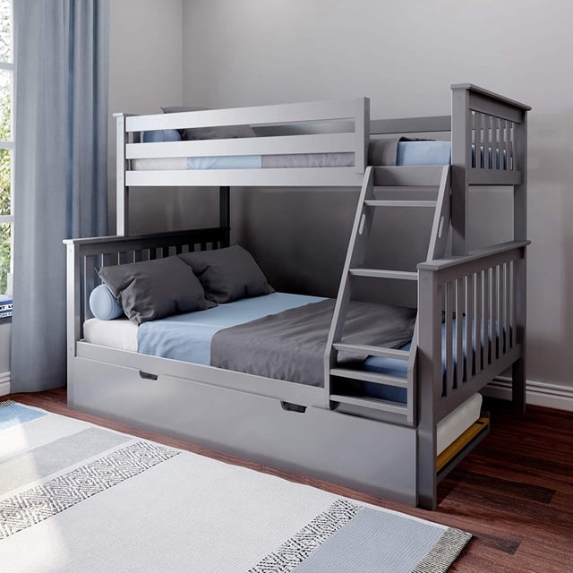 BEDSMART Solid Wood Twin Over Full Bunk Bed With Trundle | Gray