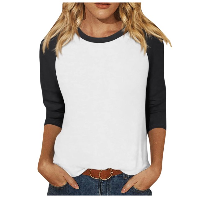 TSADFHJI Hauts de Sortie pour Femmes Grande Taille Haut à Manches 3/4 d'Été Décontracté Polyvalent Raglan Col Rond Chemise Décontractée L Noir