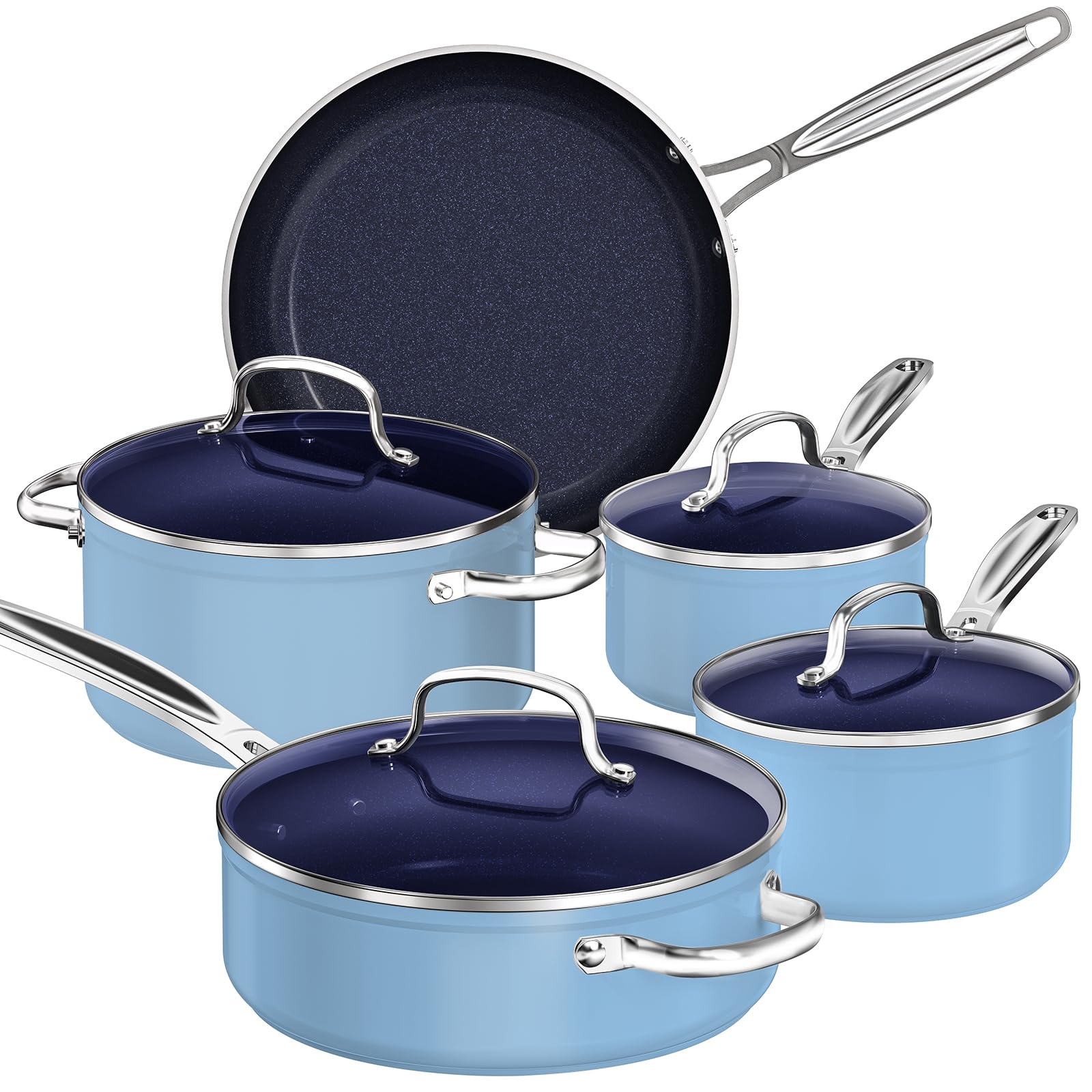 Nuwave 9pc Cookware Set Healthy Duralon Blue Ceramic Nonstick Coated Diamond Infused Scratch-Resistant PFAS Free Oven Safe Induction Ready & Evenly Heats Tempered Glass Lids & Stay-Cool Handle