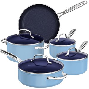 Nuwave 9pc Ensemble de produits de cuisine en céramique bleue duralon santé Non-adhésif enduit diamant infusé résistant aux rayures PFAS Prêt à induction en toute sécurité au four & Chauffe uniformément des limons de verre trempé & Poignée de maintien de l'air
